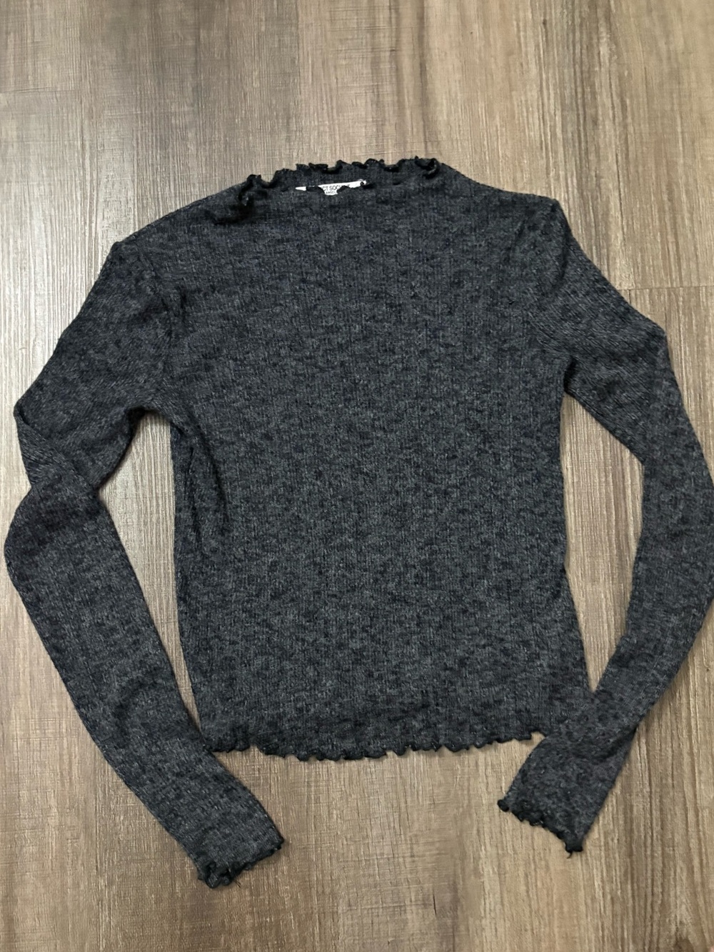 Project Social T Charcoal Ruffle-Edge Long Sleeve Crop Top